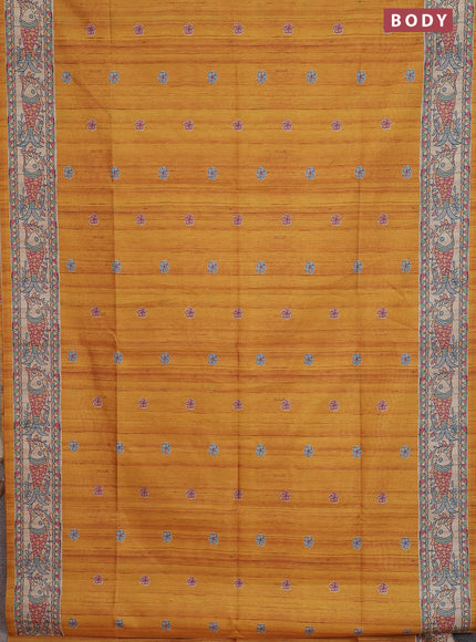 Semi tussar saree mustard yellow and beige with butta prints and madhubani printed pallu & border