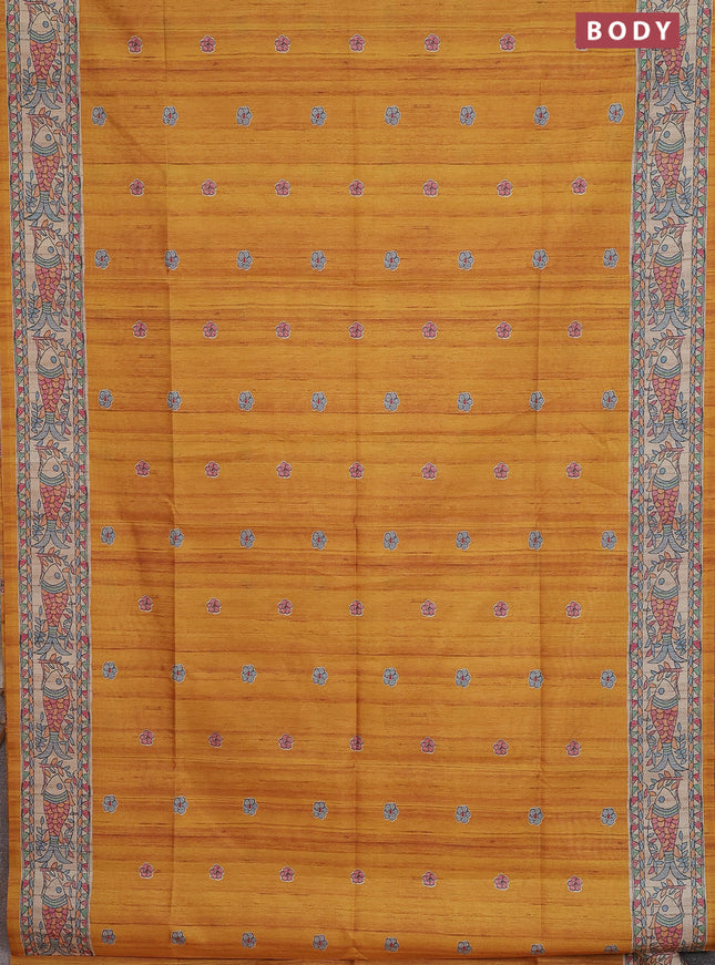 Semi tussar saree mustard yellow and beige with butta prints and madhubani printed pallu & border