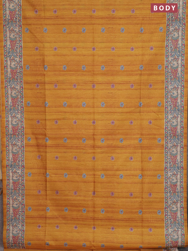 Semi tussar saree mustard yellow and beige with butta prints and madhubani printed pallu & border