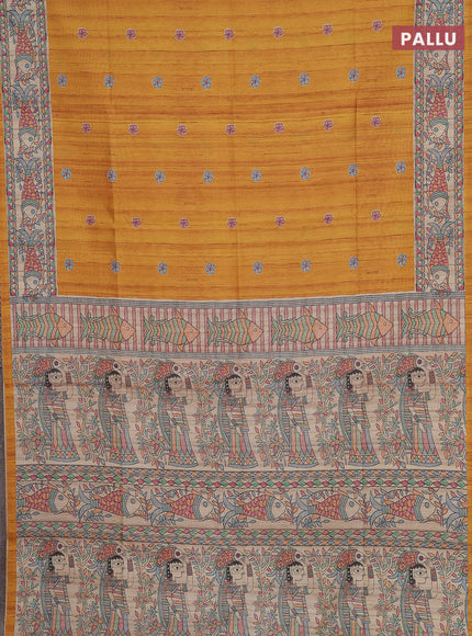 Semi tussar saree mustard yellow and beige with butta prints and madhubani printed pallu & border