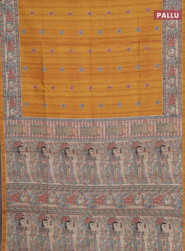 Semi tussar saree mustard yellow and beige with butta prints and madhubani printed pallu & border