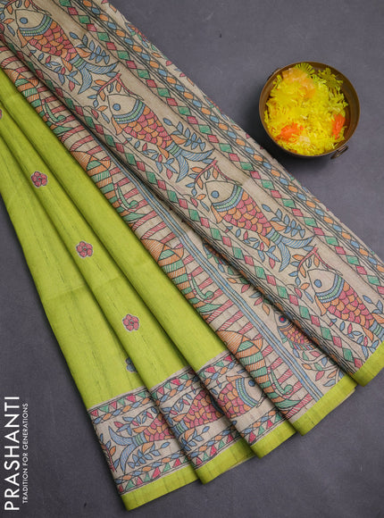 Semi tussar saree lime green and beige with butta prints and madhubani printed pallu & border