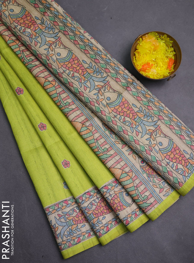 Semi tussar saree lime green and beige with butta prints and madhubani printed pallu & border