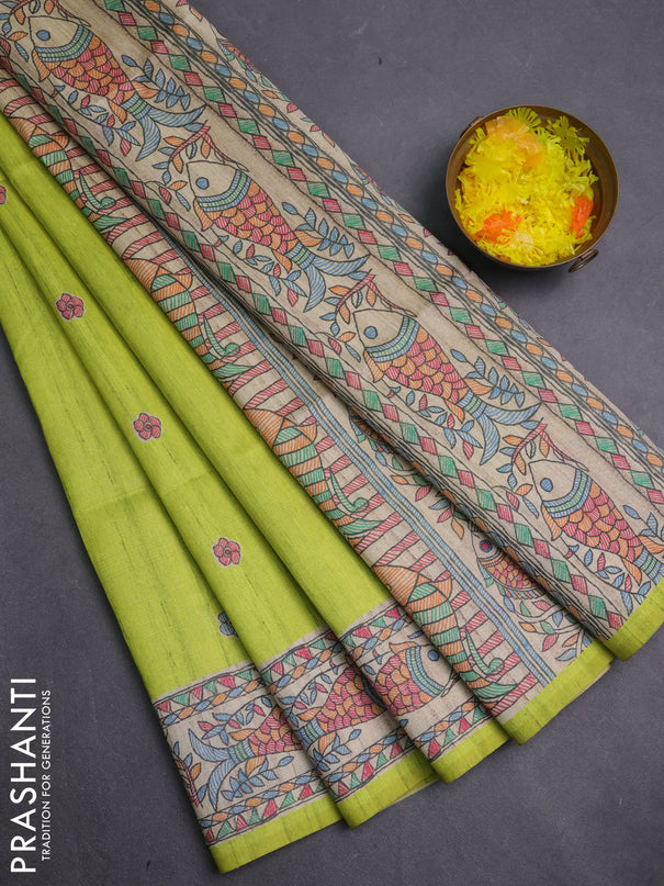 Semi tussar saree lime green and beige with butta prints and madhubani printed pallu & border
