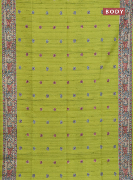 Semi tussar saree lime green and beige with butta prints and madhubani printed pallu & border