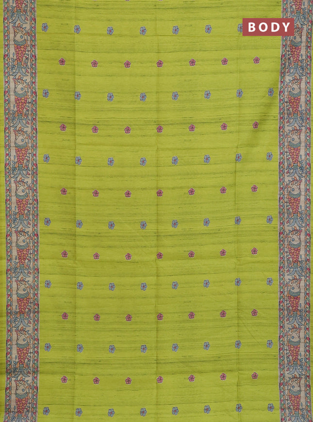 Semi tussar saree lime green and beige with butta prints and madhubani printed pallu & border