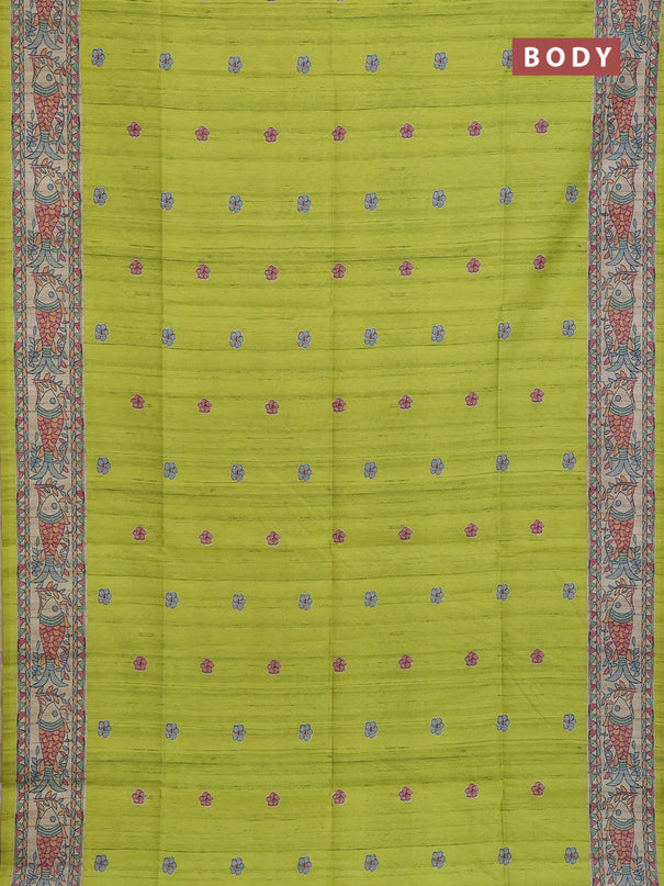 Semi tussar saree lime green and beige with butta prints and madhubani printed pallu & border