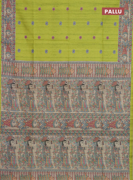 Semi tussar saree lime green and beige with butta prints and madhubani printed pallu & border