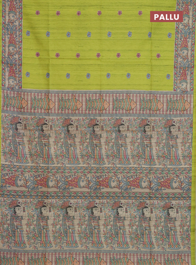 Semi tussar saree lime green and beige with butta prints and madhubani printed pallu & border