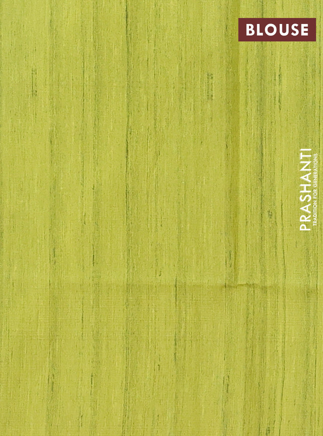 Semi tussar saree lime green and beige with butta prints and madhubani printed pallu & border