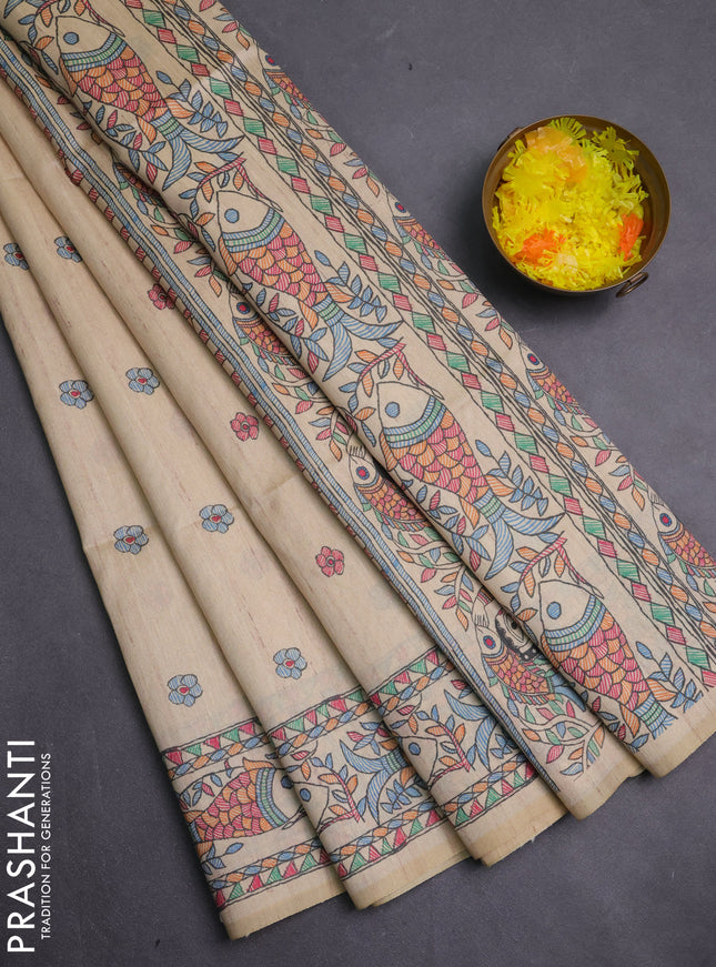 Semi tussar saree cream and beige with butta prints and madhubani printed pallu & border