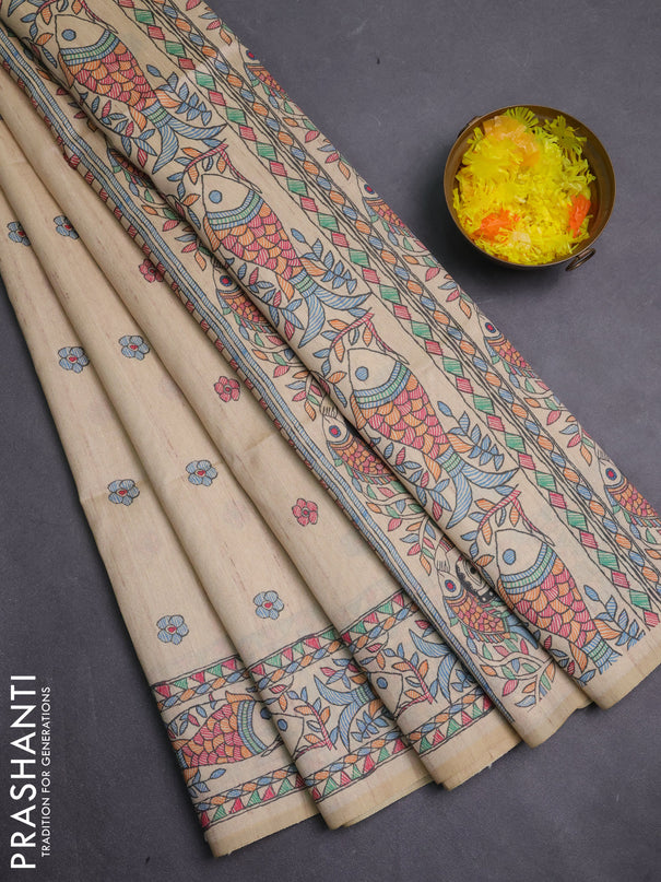 Semi tussar saree cream and beige with butta prints and madhubani printed pallu & border