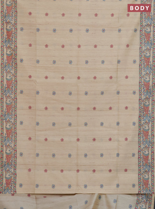 Semi tussar saree cream and beige with butta prints and madhubani printed pallu & border