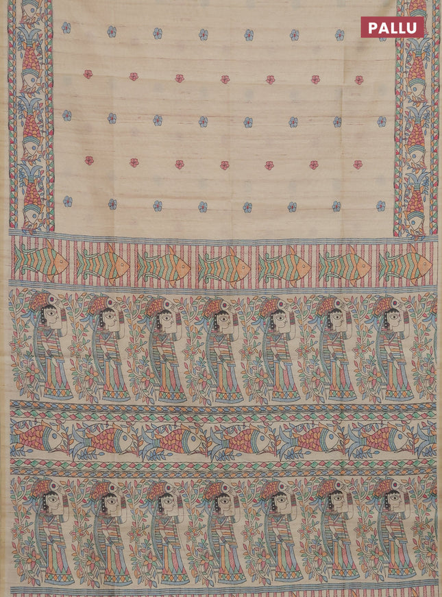 Semi tussar saree cream and beige with butta prints and madhubani printed pallu & border