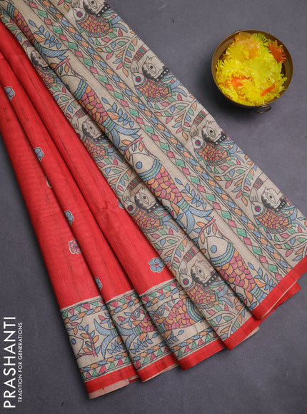 Semi tussar saree red and beige with butta prints and madhubani printed pallu & border