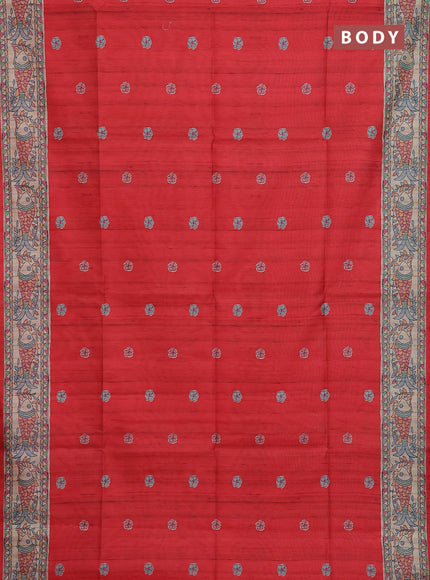 Semi tussar saree red and beige with butta prints and madhubani printed pallu & border