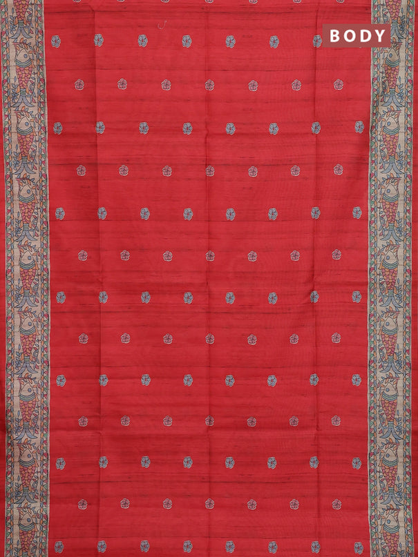Semi tussar saree red and beige with butta prints and madhubani printed pallu & border
