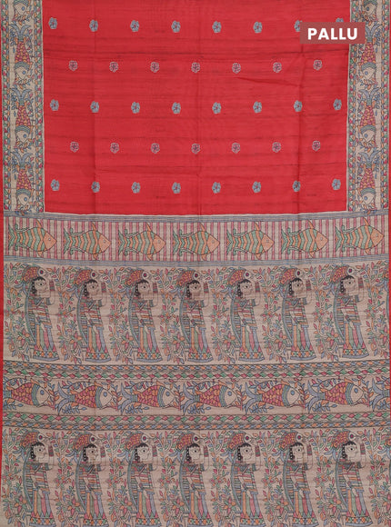 Semi tussar saree red and beige with butta prints and madhubani printed pallu & border