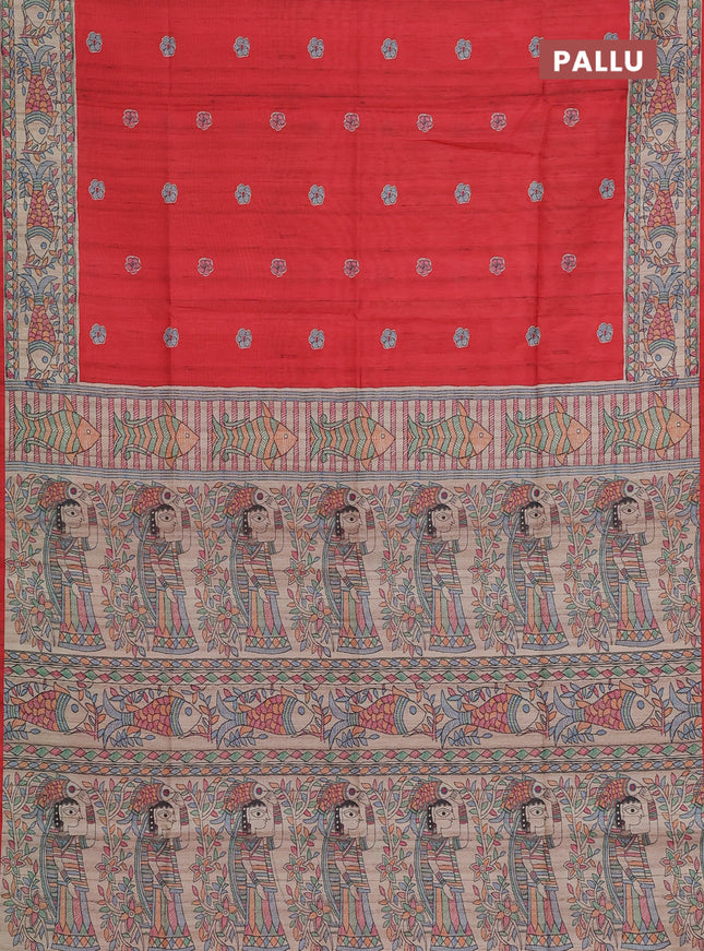 Semi tussar saree red and beige with butta prints and madhubani printed pallu & border