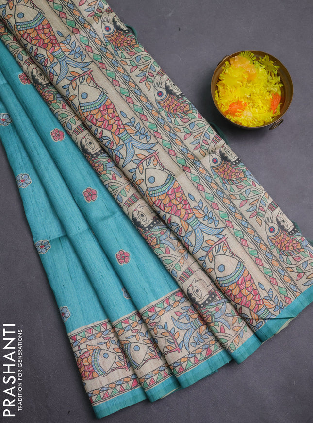 Semi tussar saree teal green and beige with butta prints and madhubani printed pallu & border