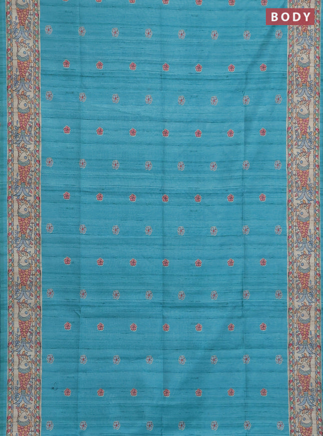 Semi tussar saree teal green and beige with butta prints and madhubani printed pallu & border