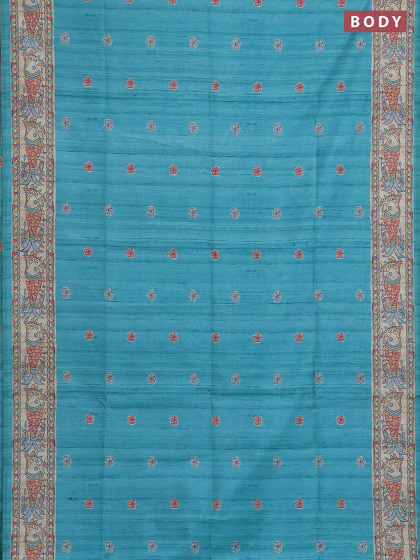 Semi tussar saree teal green and beige with butta prints and madhubani printed pallu & border