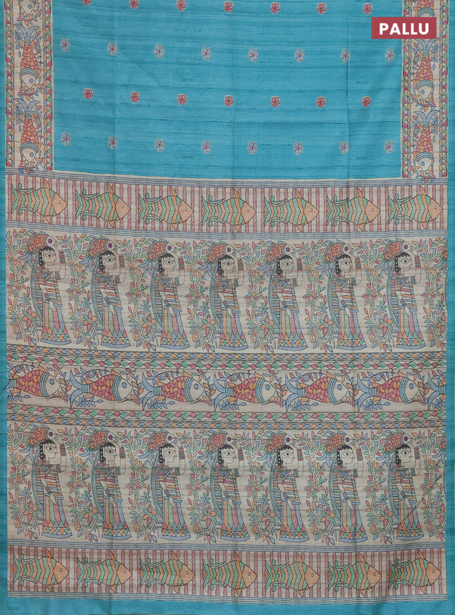 Semi tussar saree teal green and beige with butta prints and madhubani printed pallu & border