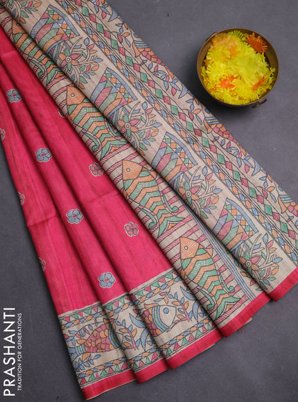 Semi tussar saree candy pink and beige with butta prints and madhubani printed pallu & border