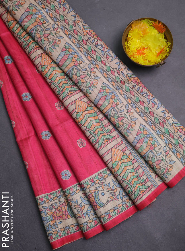Semi tussar saree candy pink and beige with butta prints and madhubani printed pallu & border