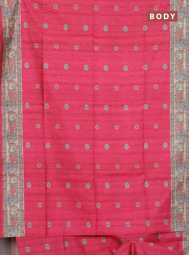 Semi tussar saree candy pink and beige with butta prints and madhubani printed pallu & border