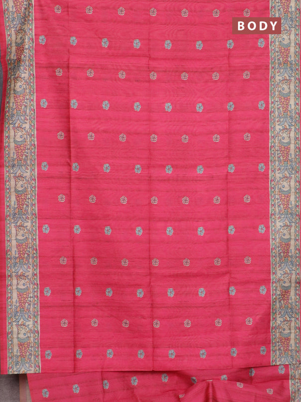 Semi tussar saree candy pink and beige with butta prints and madhubani printed pallu & border
