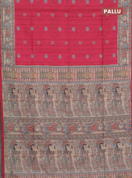 Semi tussar saree candy pink and beige with butta prints and madhubani printed pallu & border