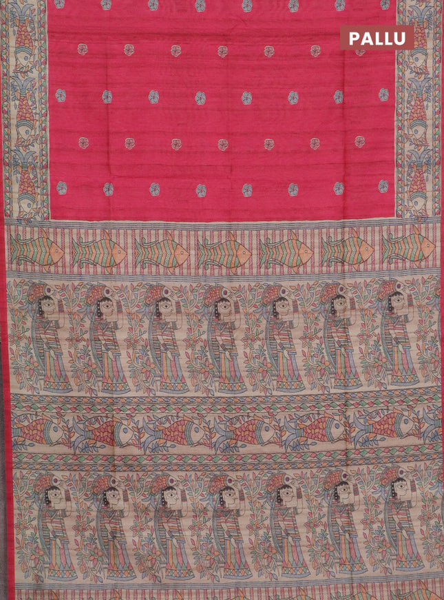 Semi tussar saree candy pink and beige with butta prints and madhubani printed pallu & border