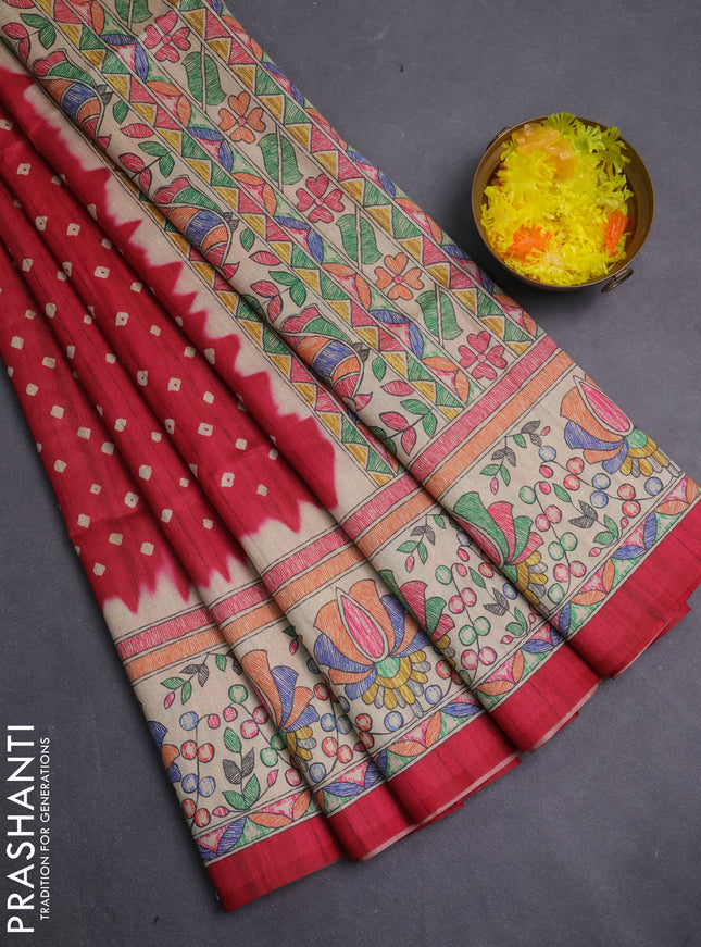 Semi tussar saree red and beige with allover bandhani prints and madhubani printed pallu & border