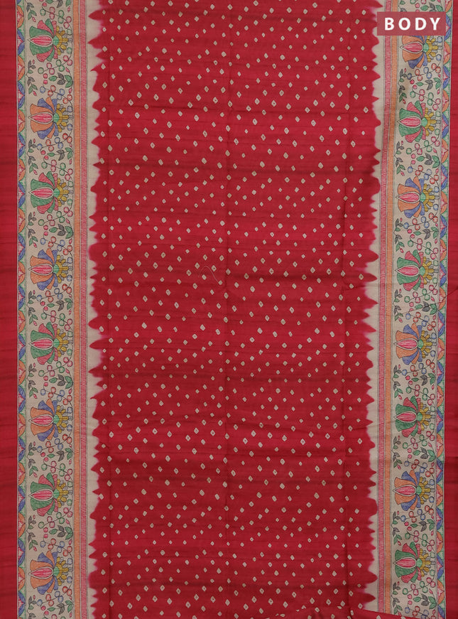 Semi tussar saree red and beige with allover bandhani prints and madhubani printed pallu & border