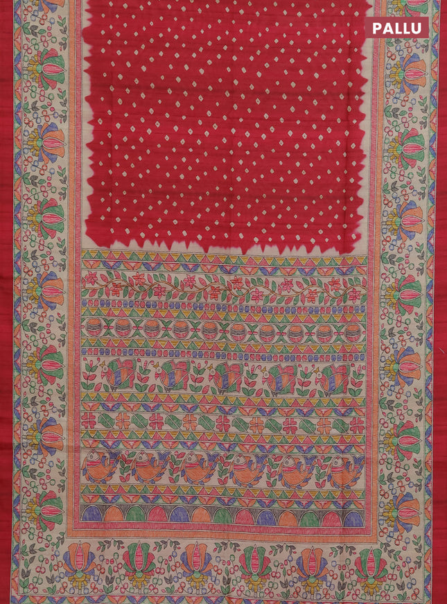 Semi tussar saree red and beige with allover bandhani prints and madhubani printed pallu & border