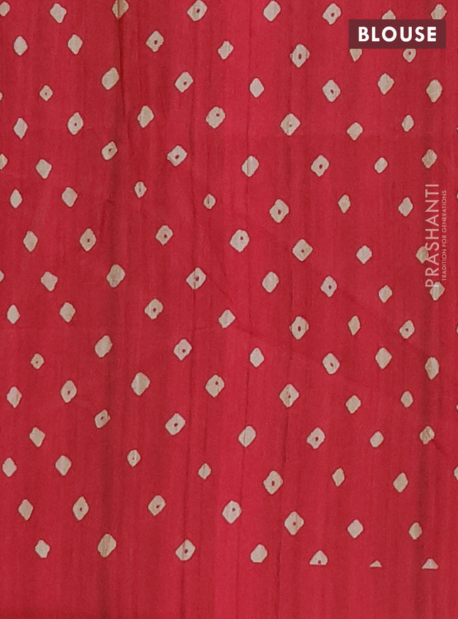 Semi tussar saree red and beige with allover bandhani prints and madhubani printed pallu & border