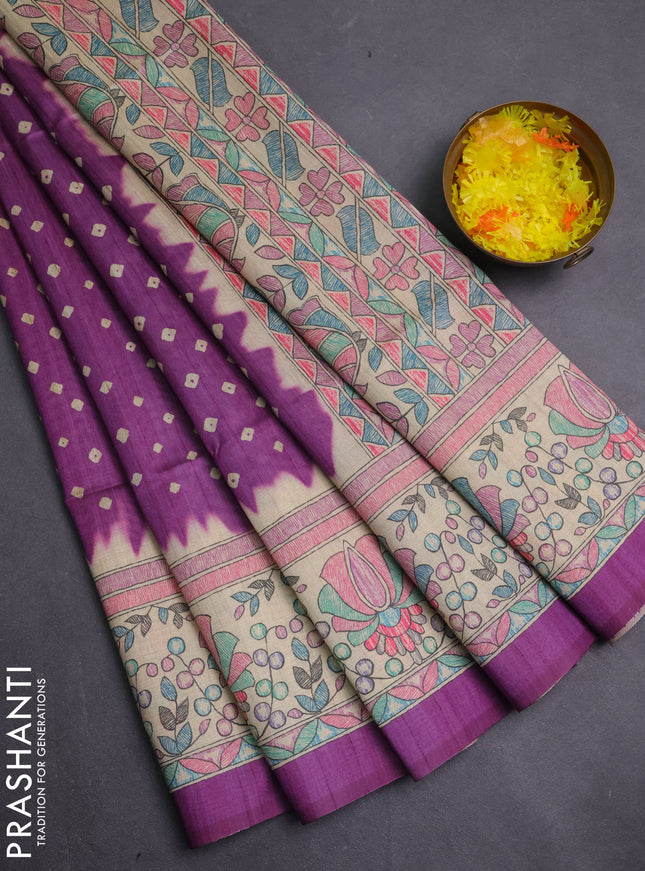 Semi tussar saree purple and beige with allover bandhani prints and madhubani printed pallu & border