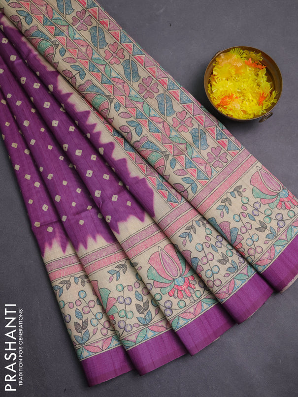 Semi tussar saree purple and beige with allover bandhani prints and madhubani printed pallu & border