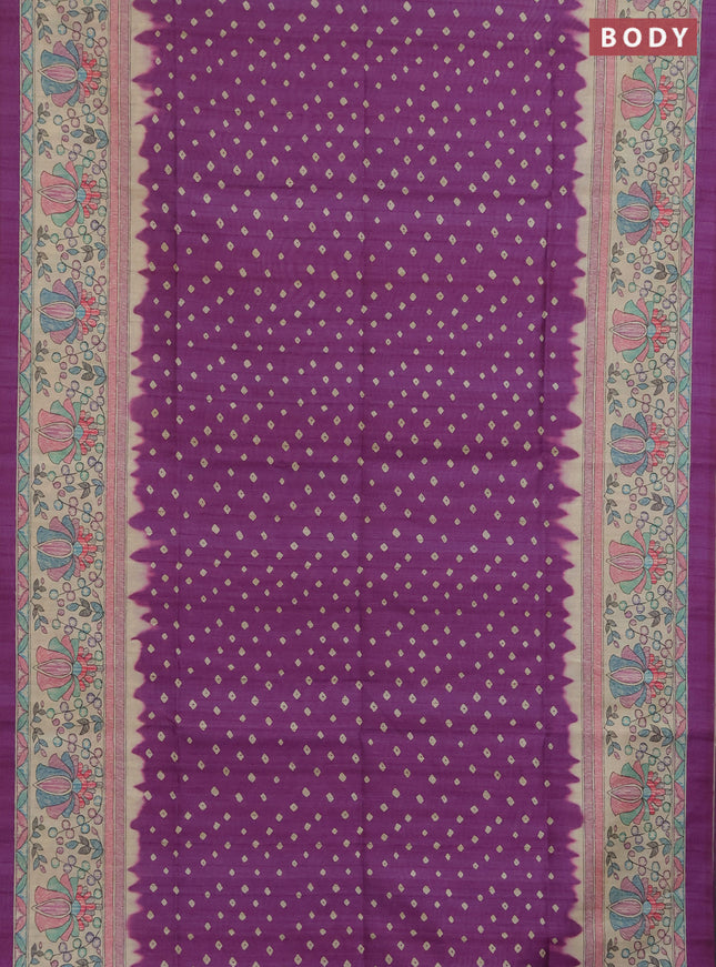 Semi tussar saree purple and beige with allover bandhani prints and madhubani printed pallu & border