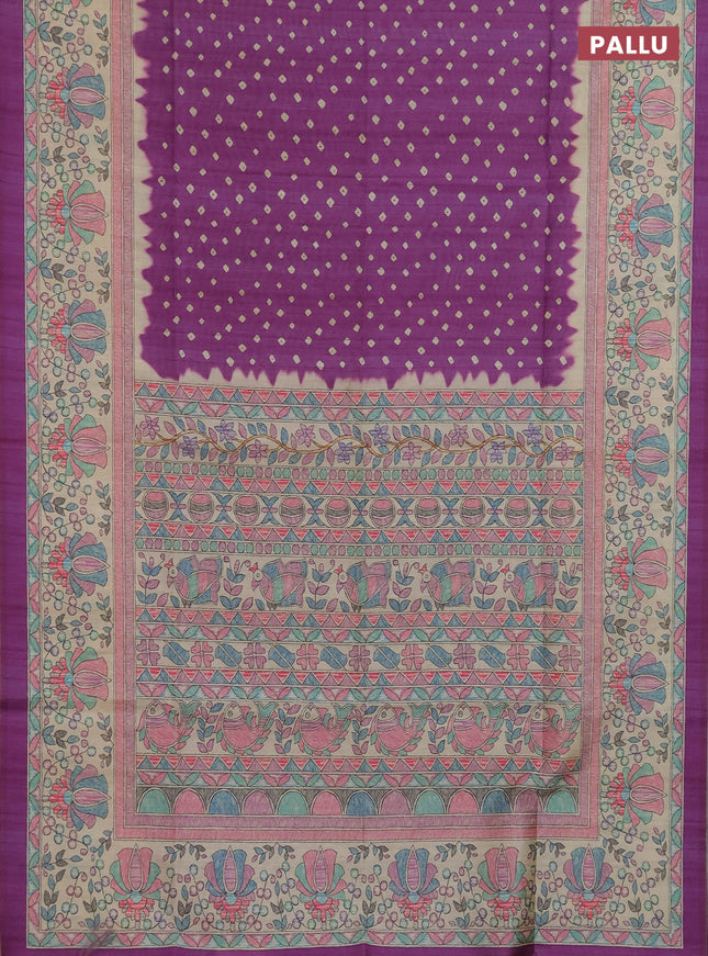 Semi tussar saree purple and beige with allover bandhani prints and madhubani printed pallu & border