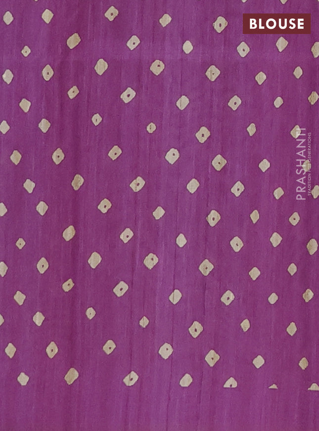 Semi tussar saree purple and beige with allover bandhani prints and madhubani printed pallu & border