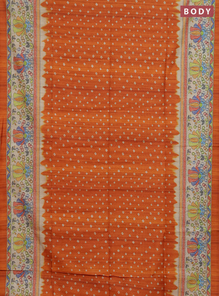 Semi tussar saree orange and beige with allover bandhani prints and madhubani printed pallu & border