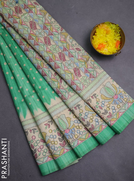 Semi tussar saree green and beige with allover bandhani prints and madhubani printed pallu & border