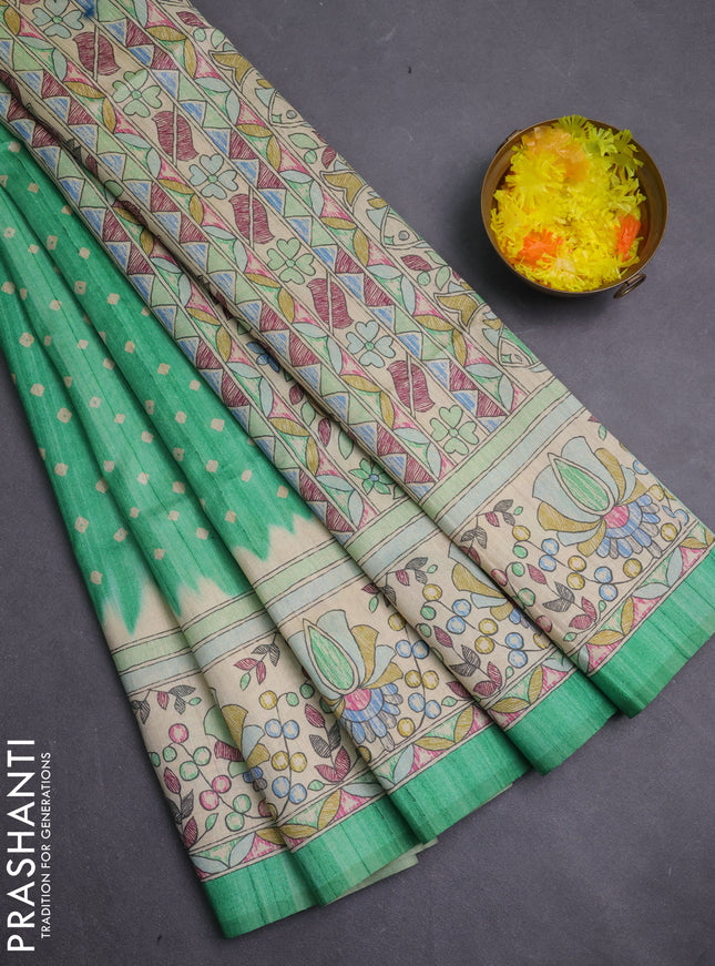 Semi tussar saree green and beige with allover bandhani prints and madhubani printed pallu & border
