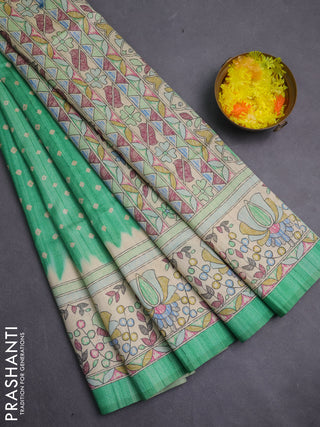 Semi tussar saree green and beige with allover bandhani prints and madhubani printed pallu & border