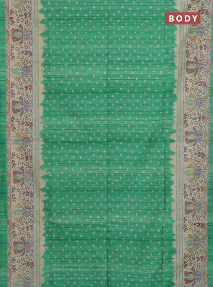 Semi tussar saree green and beige with allover bandhani prints and madhubani printed pallu & border