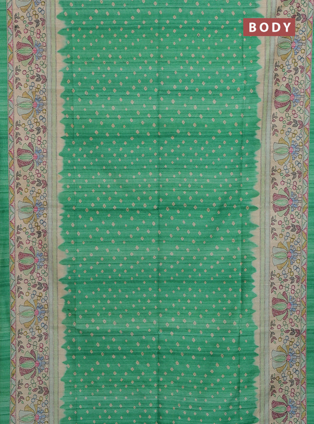 Semi tussar saree green and beige with allover bandhani prints and madhubani printed pallu & border