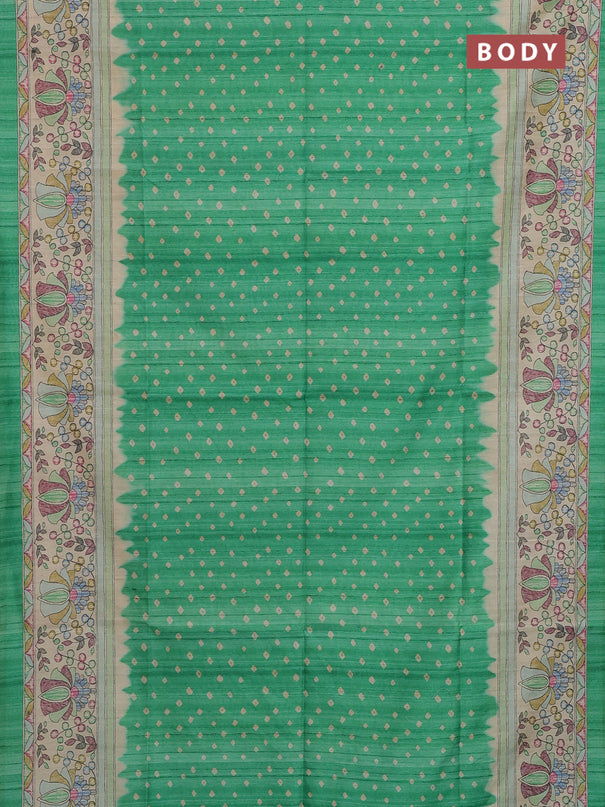 Semi tussar saree green and beige with allover bandhani prints and madhubani printed pallu & border