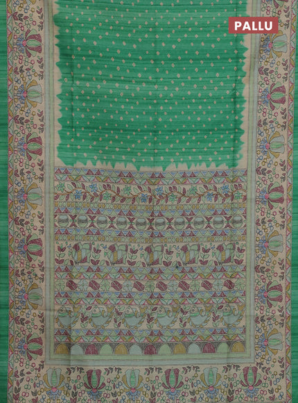 Semi tussar saree green and beige with allover bandhani prints and madhubani printed pallu & border